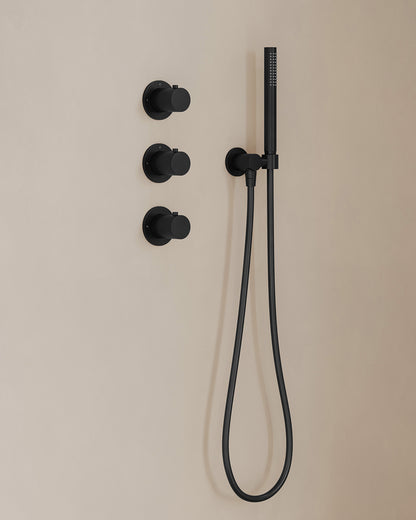 Caral inbouwthermostaat 2 stopkranen compleet met hoofddouche 25cm en staafhanddouche Mat zwart - detailfoto