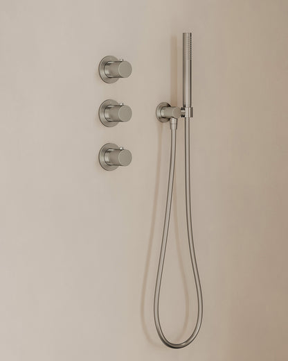 Caral inbouwthermostaat 2 stopkranen compleet met hoofddouche 25cm en staafhanddouche Geborsteld staal - detailfoto