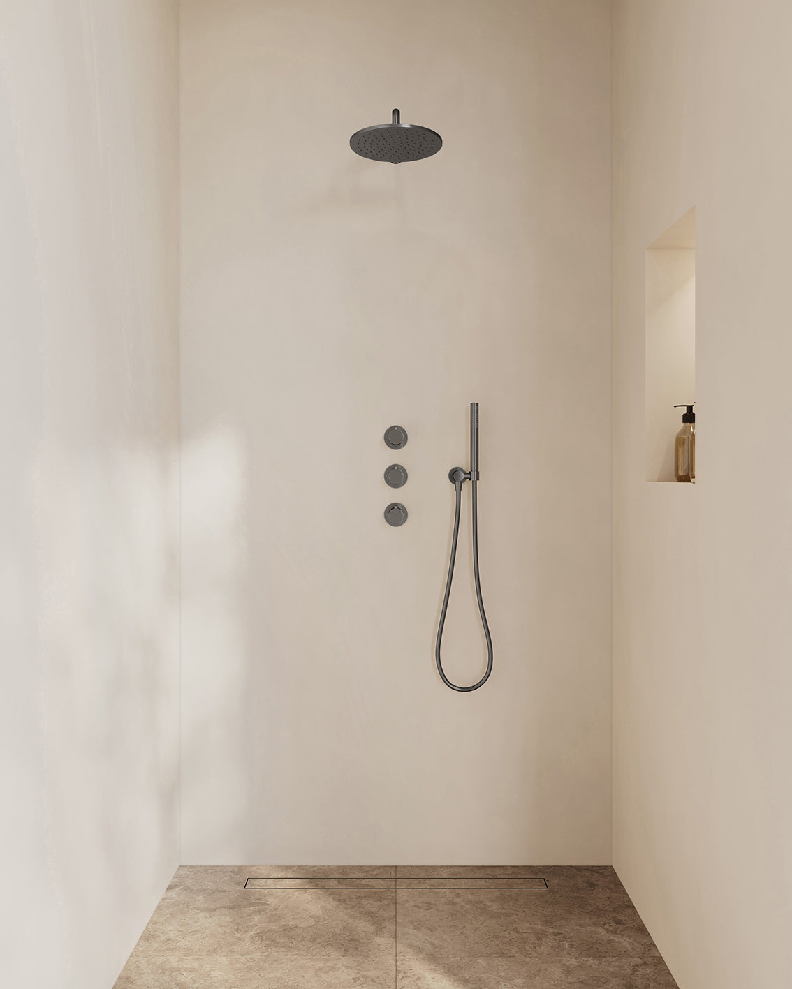 Caral inbouwthermostaat 2 stopkranen compleet met hoofddouche 25cm en staafhanddouche Gunmetal