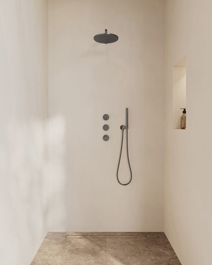 Caral inbouwthermostaat 2 stopkranen compleet met hoofddouche 25cm en staafhanddouche Gunmetal