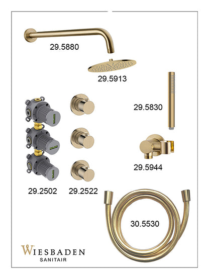 Caral inbouwthermostaat 2 stopkranen compleet met hoofddouche 25cm en staafhanddouche Geborsteld messing - sfeerbeeld