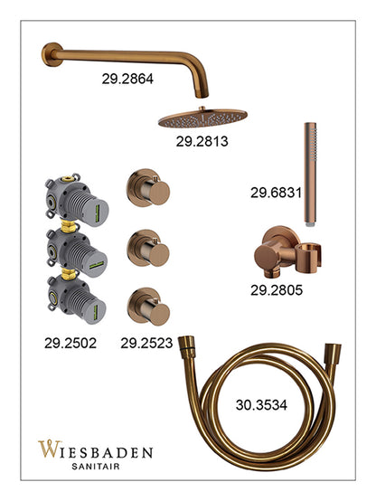 Caral inbouwthermostaat 2 stopkranen compleet met hoofddouche 25cm en staafhanddouche Geborsteld brons koper - sfeerbeeld