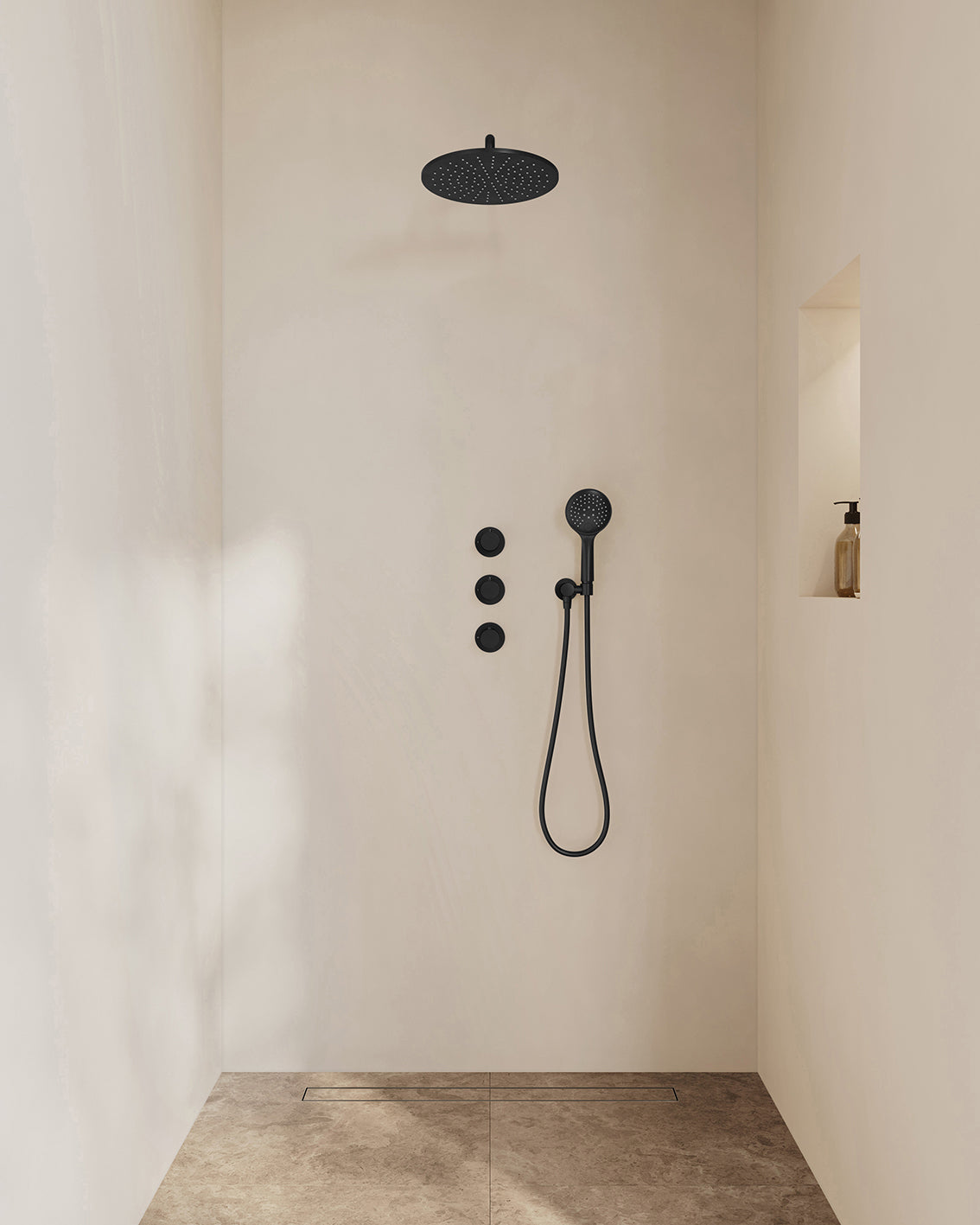 Caral inbouwthermostaat 2 stopkranen compleet met hoofddouche 30cm en handdouche 3 standen Mat zwart