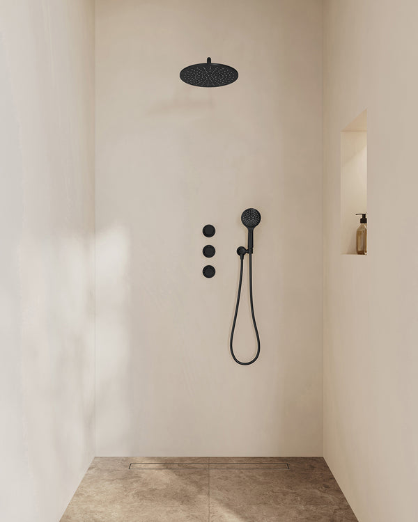Caral inbouwthermostaat 2 stopkranen compleet met hoofddouche 30cm en handdouche 3 standen | Mat zwart