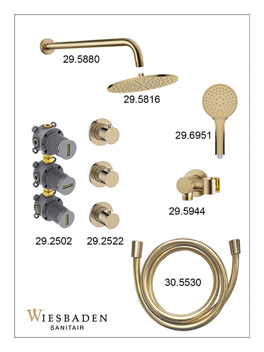 Caral inbouwthermostaat 2 stopkranen compleet met hoofddouche 30cm en handdouche 3 standen Geborsteld messing - sfeerbeeld