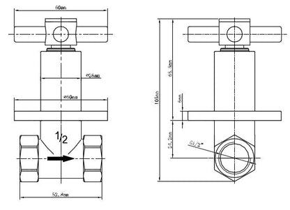 Maattekening Cross inbouw stopkraan 1/2" Chroom