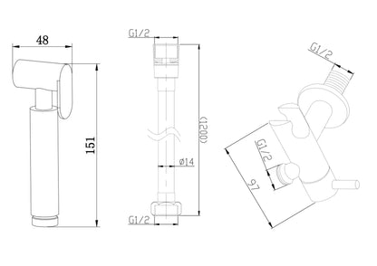Maattekening Tivaro bidetset met knijphanddouche en doucheslang 120cm Chroom