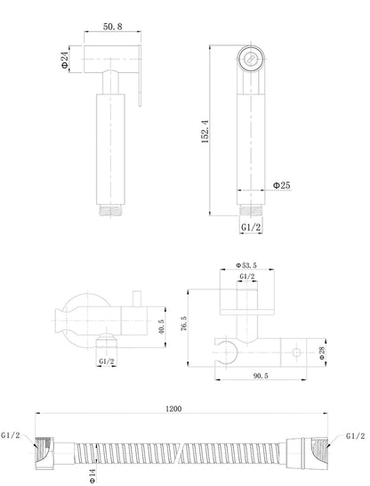 Maattekening Tivaro bidetset met knijphanddouche en doucheslang Gunmetal