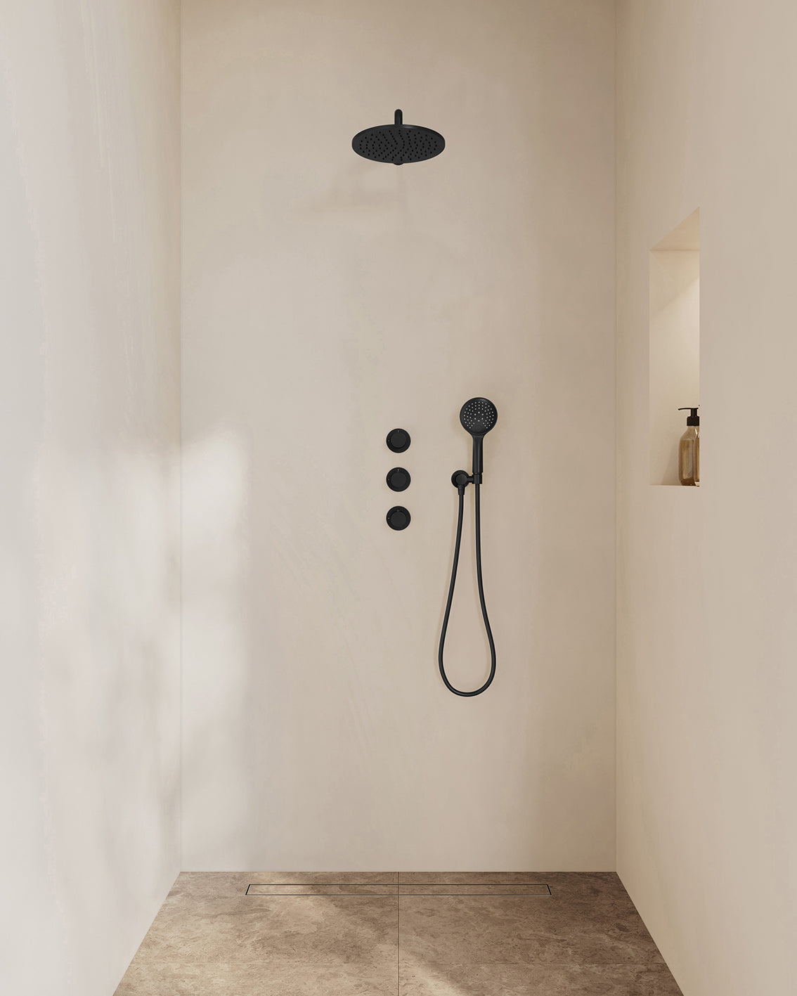 Caral inbouwthermostaat 2 stopkranen compleet met hoofddouche 25cm en handdouche 3 standen Mat zwart