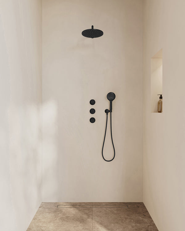 Caral inbouwthermostaat 2 stopkranen compleet met hoofddouche 25cm en handdouche 3 standen | Mat zwart