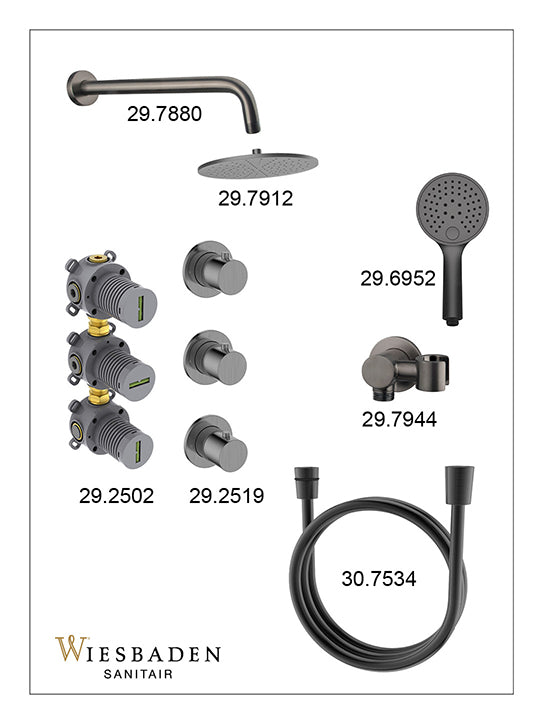 Caral inbouwthermostaat 2 stopkranen compleet met hoofddouche 25cm en handdouche 3 standen Gunmetal - sfeerbeeld