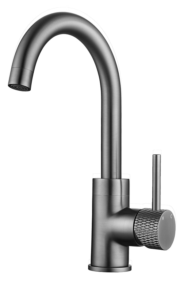 Ribbd wastafelkraan met draaibare uitloop en coldstart | Gunmetal PVD