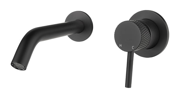 Grifo monomando para lavabo con salida en frío, acanalado, encastrable, completamente negro mate.