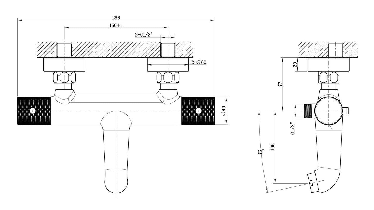 Ribbd thermostatic bath mixer tap, center distance 15 cm, chrome