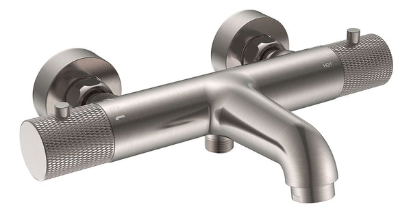 Ribbd thermostatische badmengkraan | 15 cm | Geborsteld staal PVD