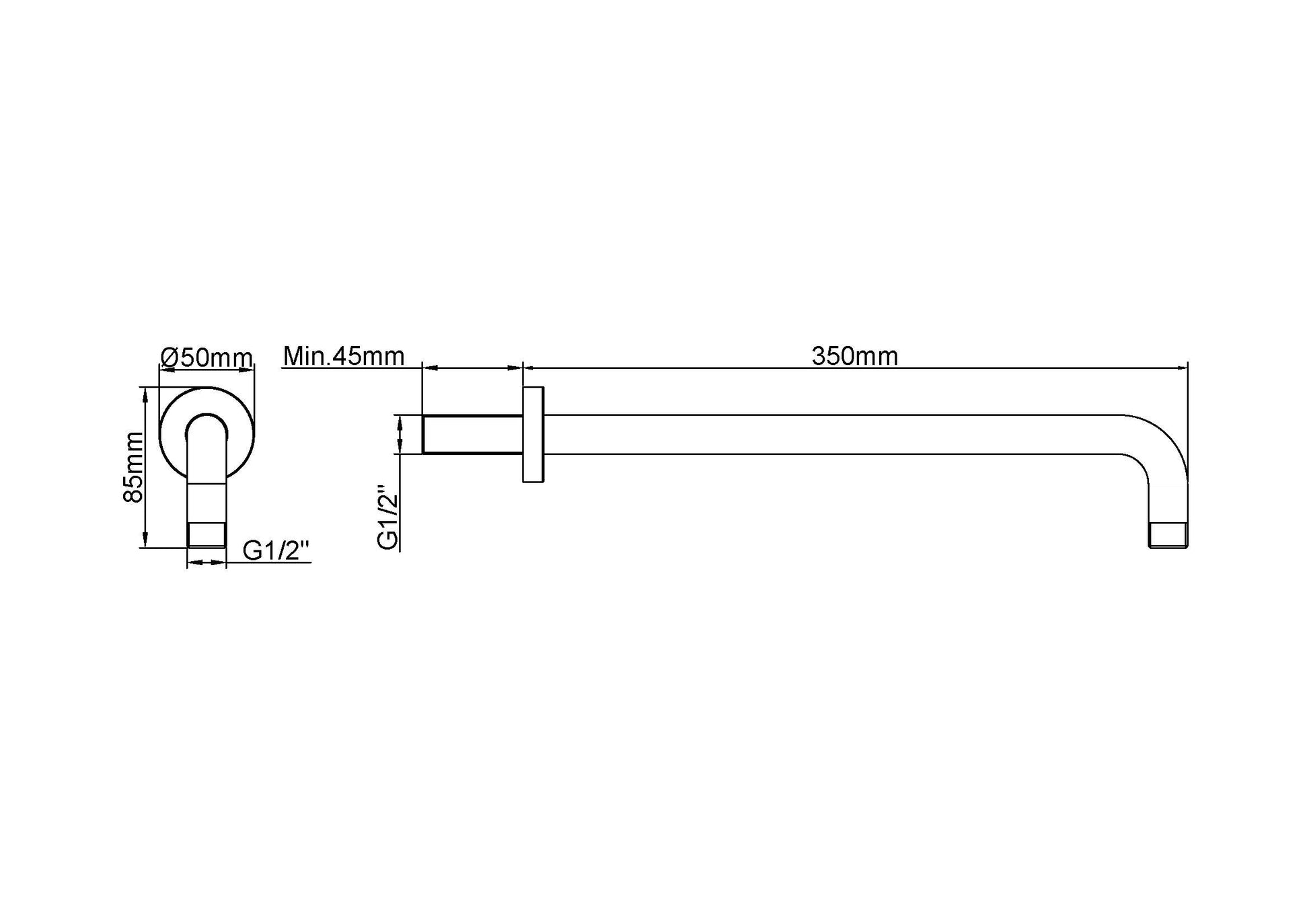 UniMatch douchearm met muurbevestiging | 35cm | Mat zwart - WDtegels