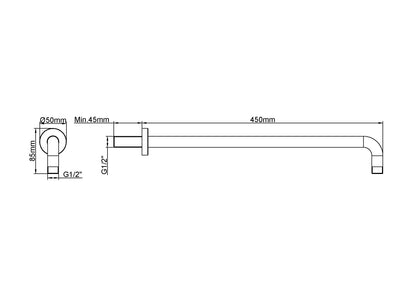 Wiesbaden gebogen douche-arm rond muur. 45cm geborsteld koper
