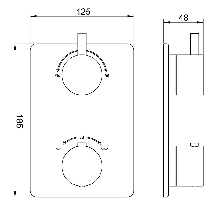 Maattekening Caral afbouwdeel inbouwthermostaat 2 weg Gunmetal PVD