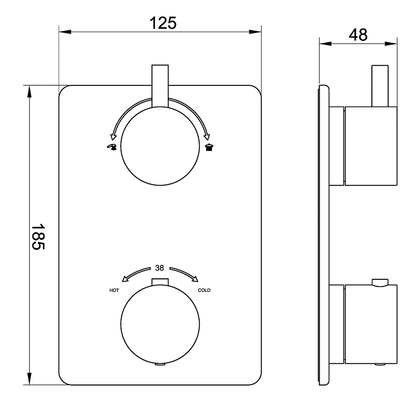 Maattekening Caral afbouwdeel inbouwthermostaat 2 weg Gunmetal PVD