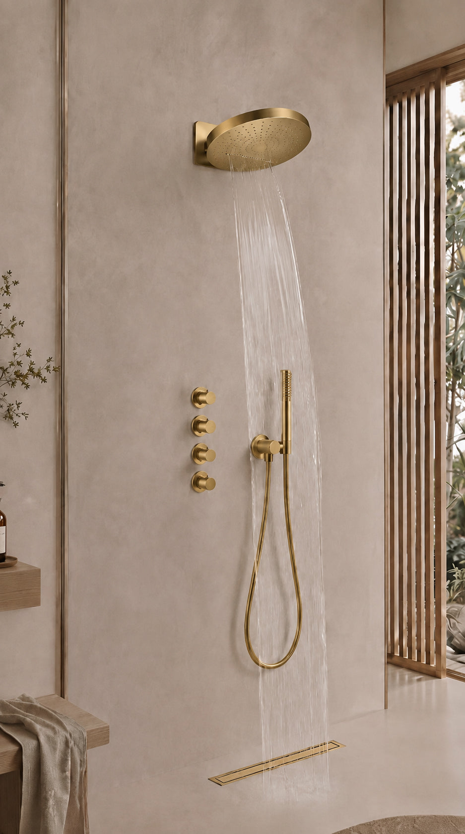 UniMatch Pluuto hoofddouche rond 2 standen met muurbevestiging Geborsteld messing - detailfoto