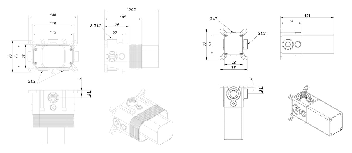 Maattekening Dreams inbouwdeel thermostatische douchekraan met 2 stopkranen Mat zwart - tekening 2