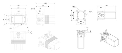 Maattekening Dreams inbouwdeel thermostatische douchekraan met 2 stopkranen Mat zwart - tekening 2