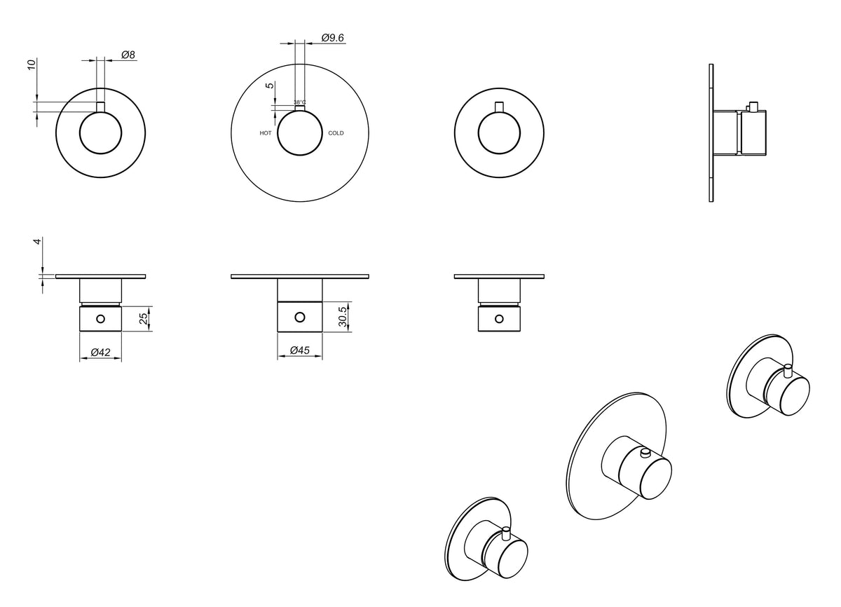 Maattekening Dreams afbouwdeel thermostatische douchekraan met 2 stopkranen Mat zwart