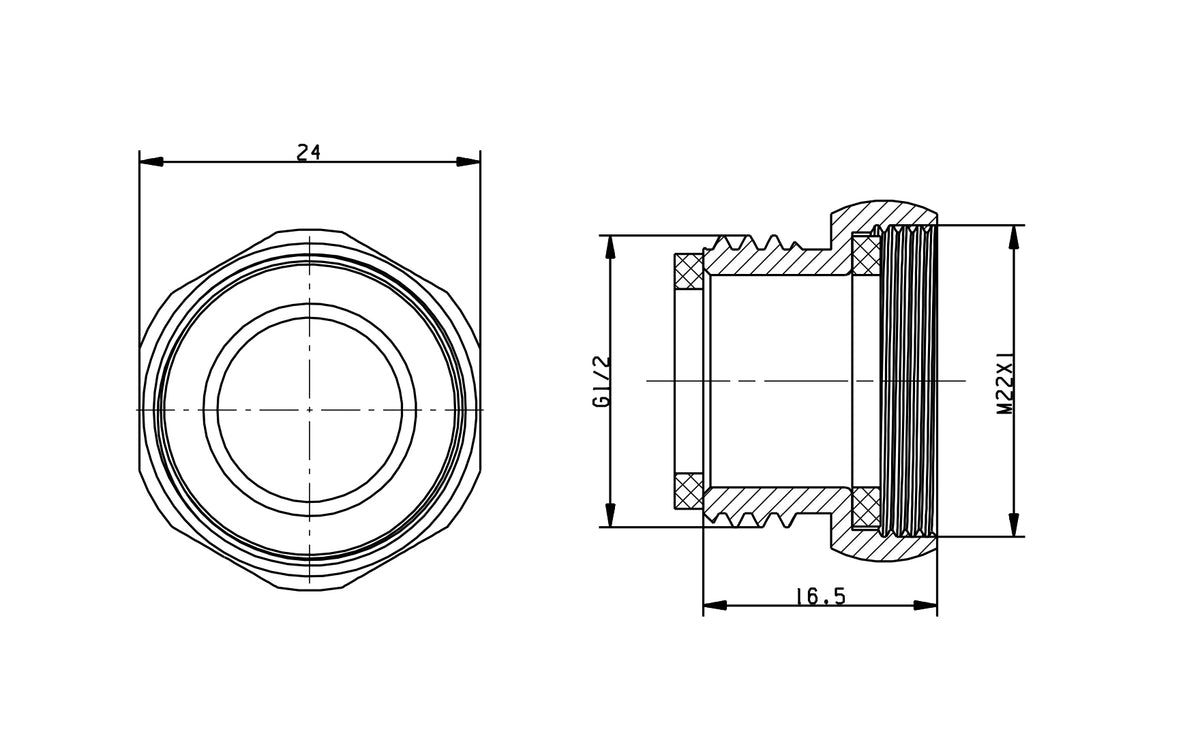 Lijntekening Verloopnippel M22 bi x 1/2 inch bu chroom