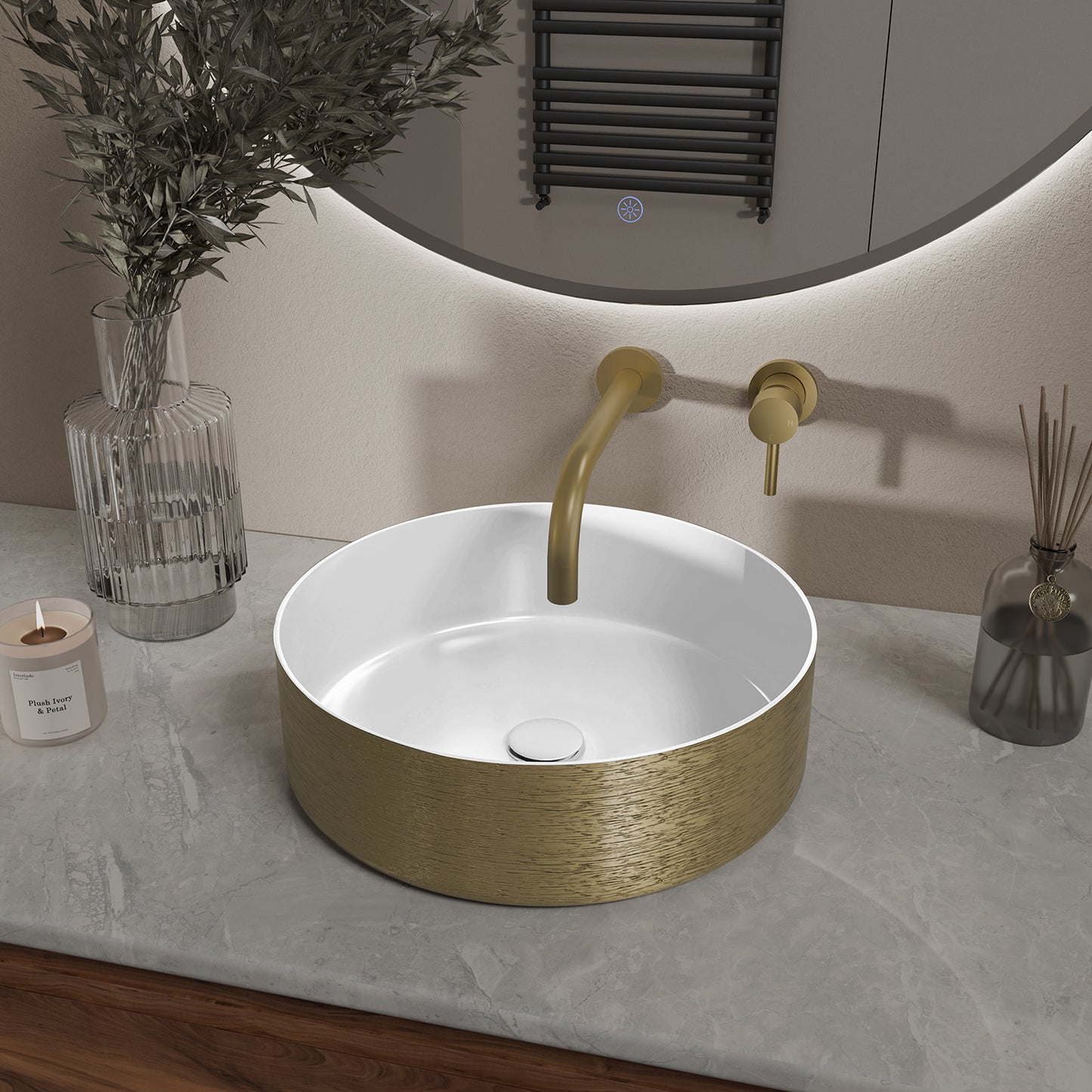 Mondri waskom rond 36 x 36 x 12 cm glans wit/geborsteld goud - WDtegels
