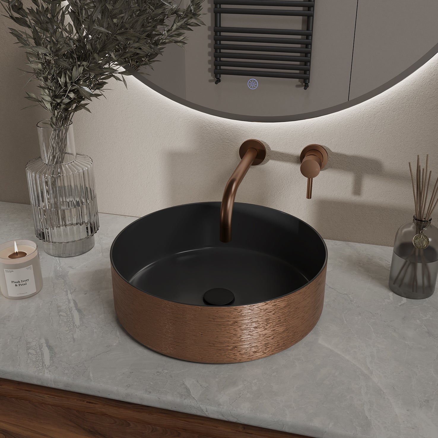 Mondri waskom rond 36 x 36 x 12 cm mat zwart/geborsteld brons koper - WDtegels