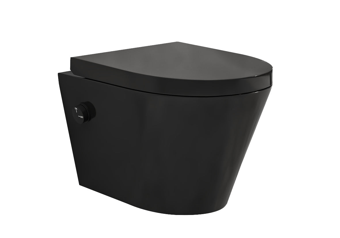 Vesta wall-mounted toilet rimless with bidet tap, cold water, and Vesta toilet seat, matt black