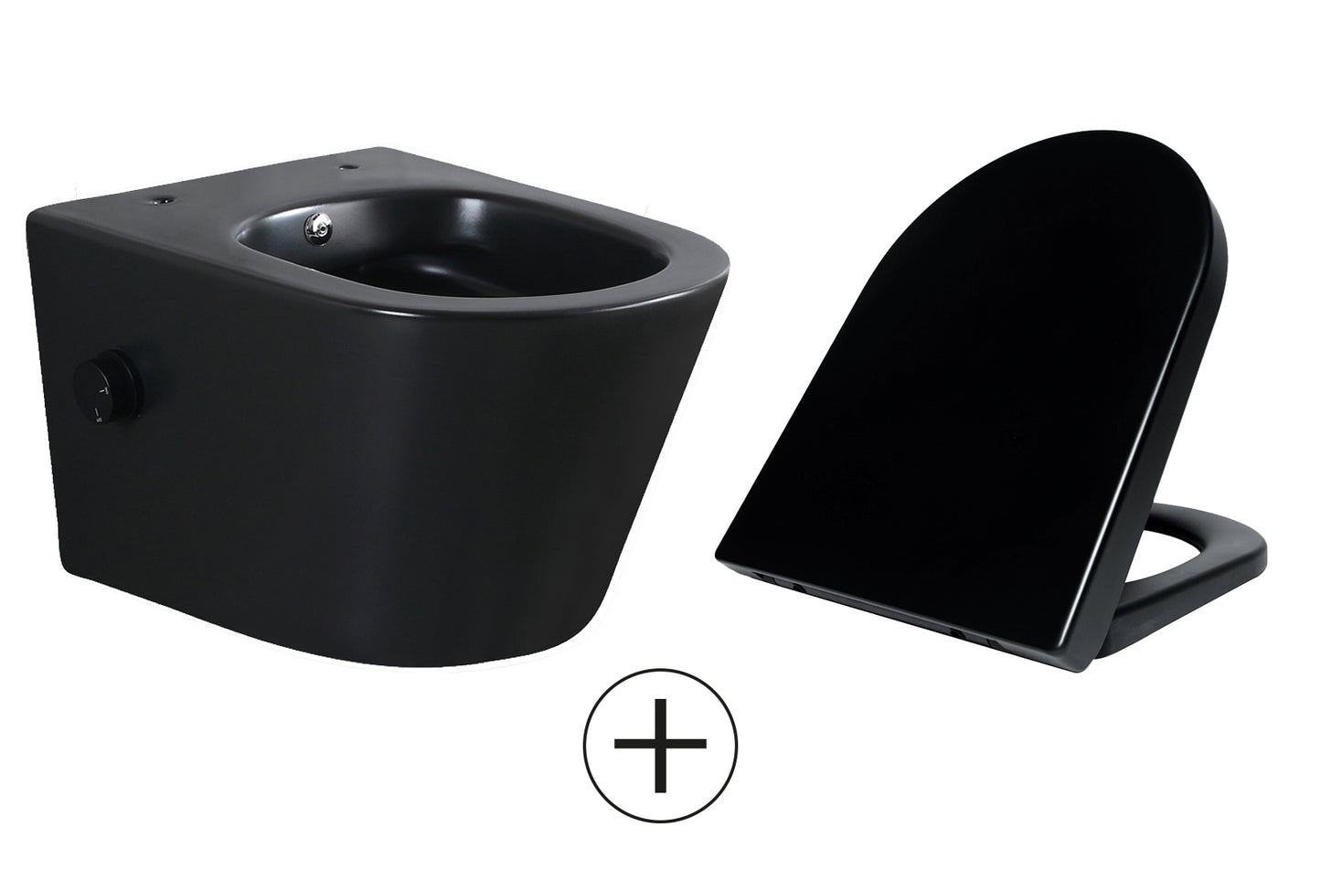 Vesta wall-mounted toilet rimless with bidet tap, cold water, and Vesta toilet seat, matt black