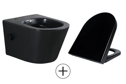 Vesta wall-mounted toilet rimless with bidet tap, cold water, and Vesta toilet seat, matt black