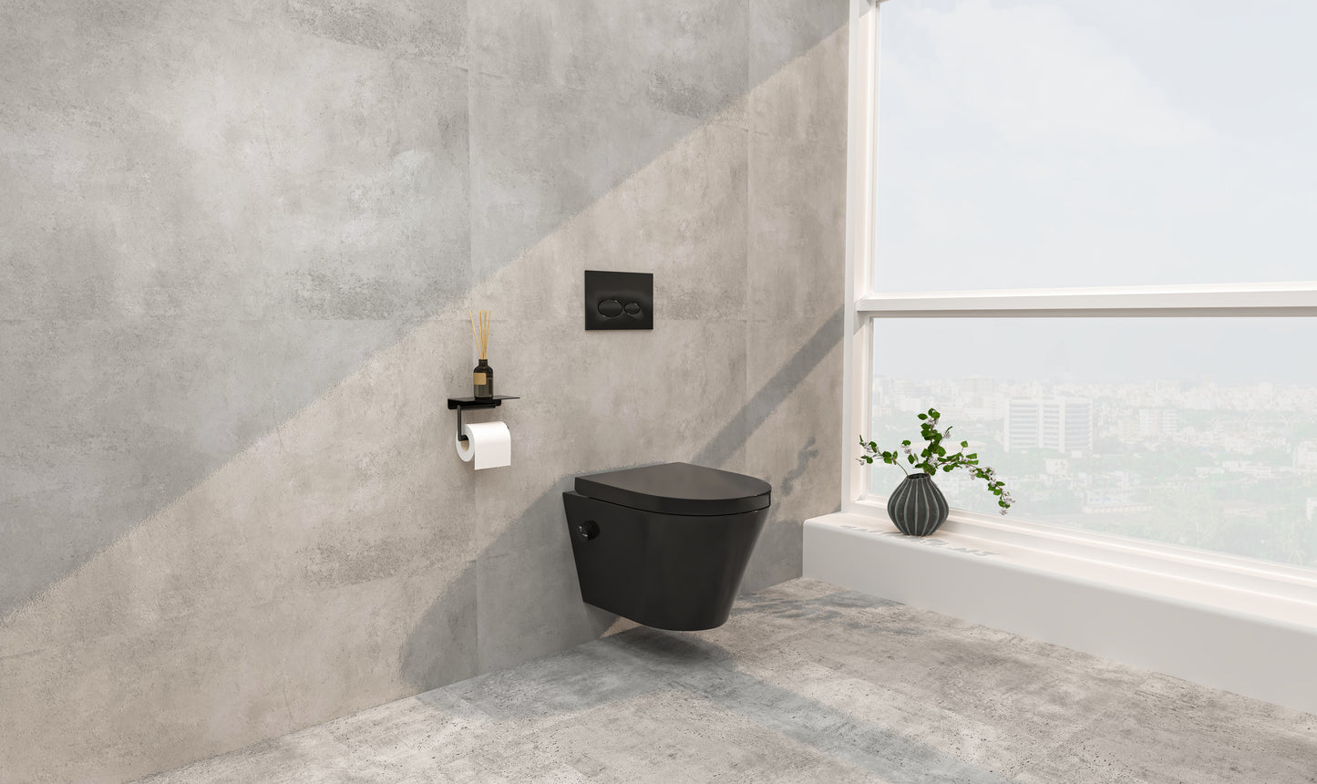 Vesta wall-mounted toilet rimless with bidet tap, cold water, and Vesta toilet seat, matt black