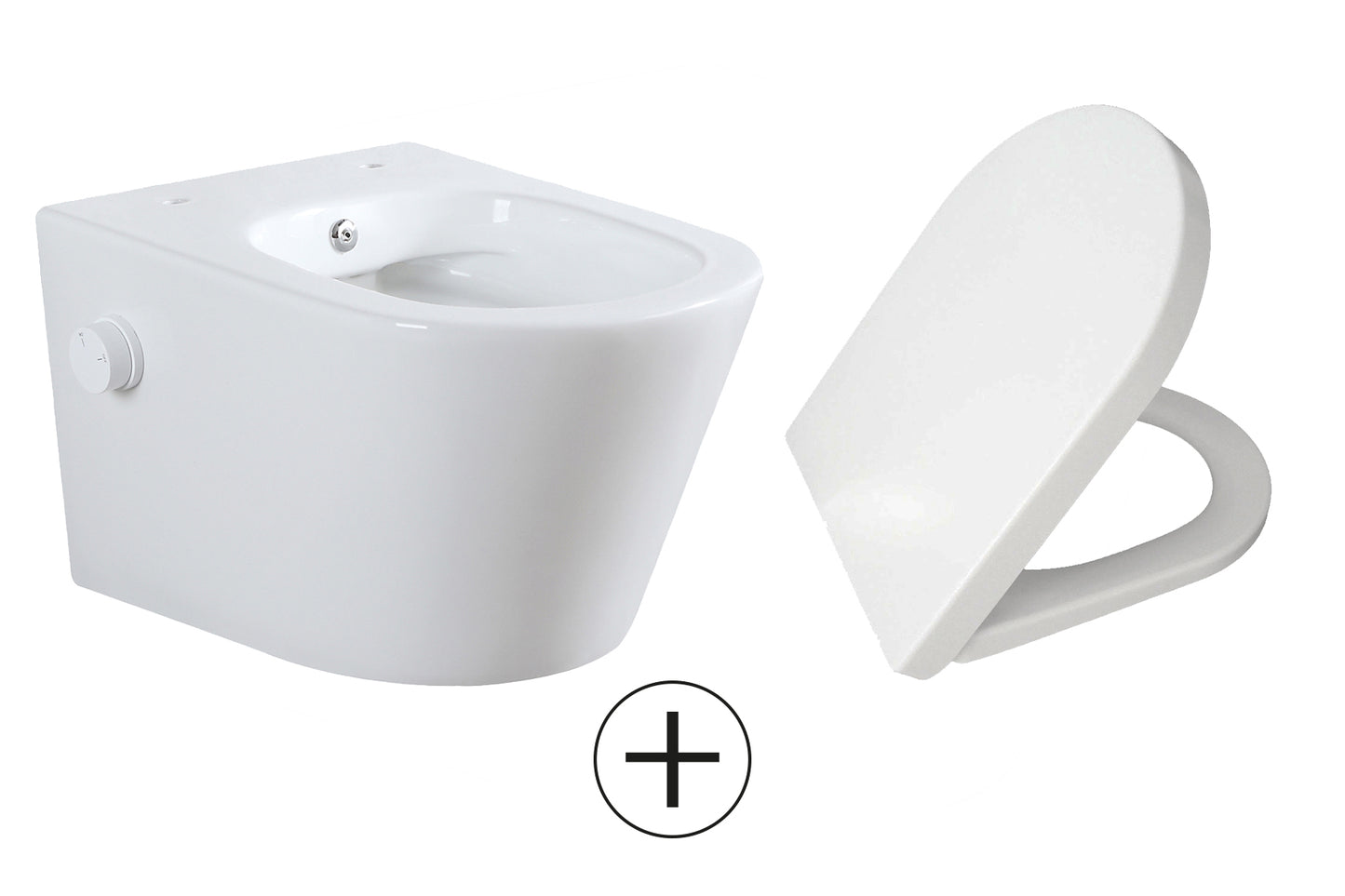 Vesta wall-mounted toilet rimless with bidet tap, cold water, and Vesta toilet seat, matt white