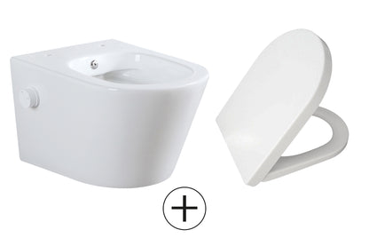 Vesta wall-mounted toilet rimless with bidet tap, cold water, and Vesta toilet seat, matt white