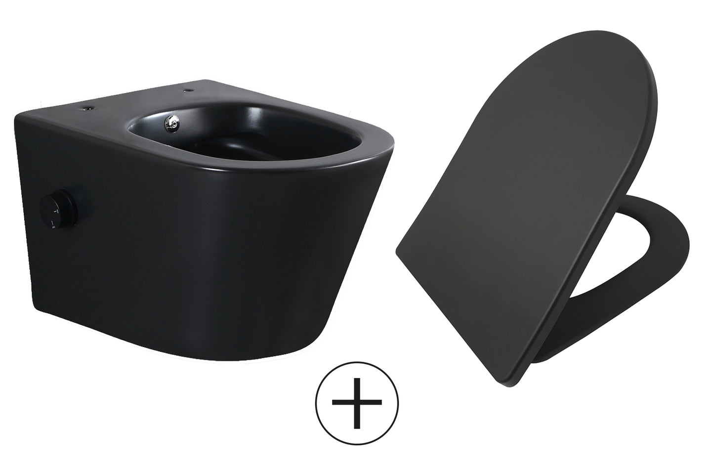 Vesta wandcloset rimless met bidetkraan koud water met Shade slim toiletzitting mat zwart