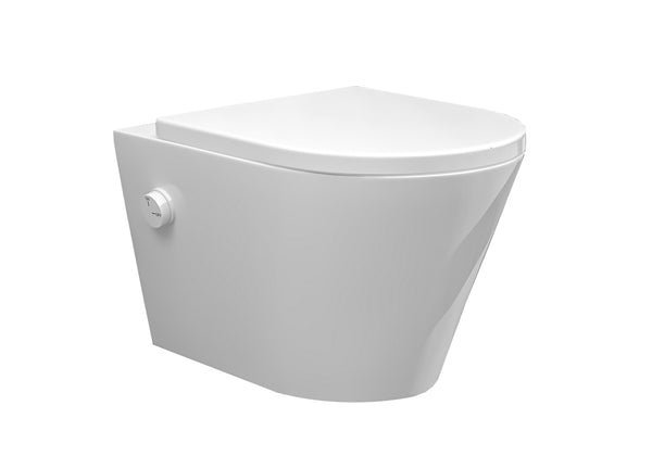 Vesta wall-mounted toilet rimless with bidet tap, cold water, and Shade slim toilet seat, matt white