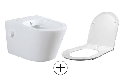 Vesta wandcloset rimless met bidetkraan koud water met Flatline toiletzitting glans wit - WDtegels