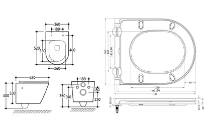 Maattekening Vesta wandcloset rimless met bidetkraan Flatline toiletzitting Koud water Glans wit