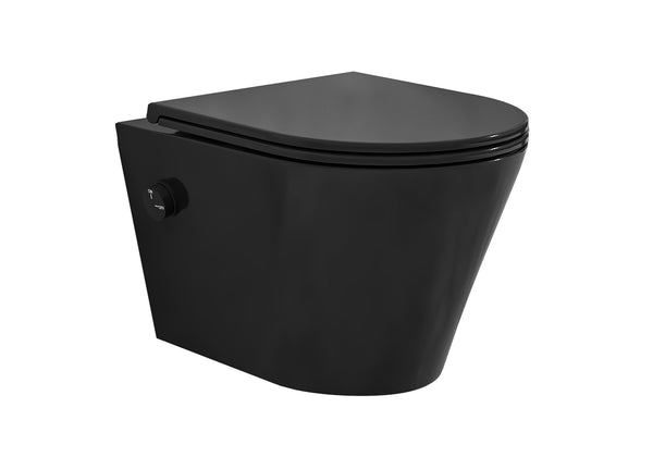 Vesta wall-mounted toilet rimless with bidet tap, cold water, and Flatline toilet seat, matt black