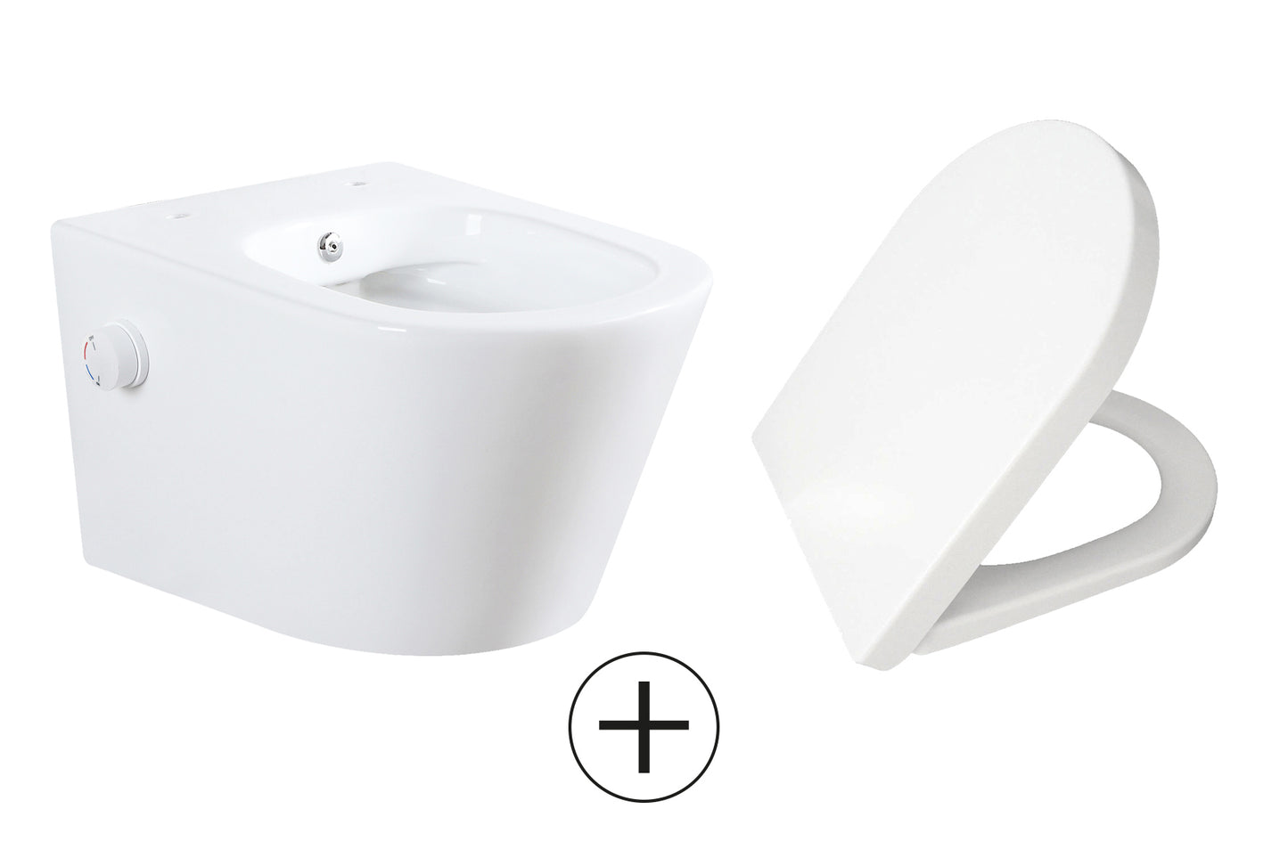 Vesta wandcloset rimless met bidetkraan warm koud water met Vesta toiletzitting glans wit - WDtegels