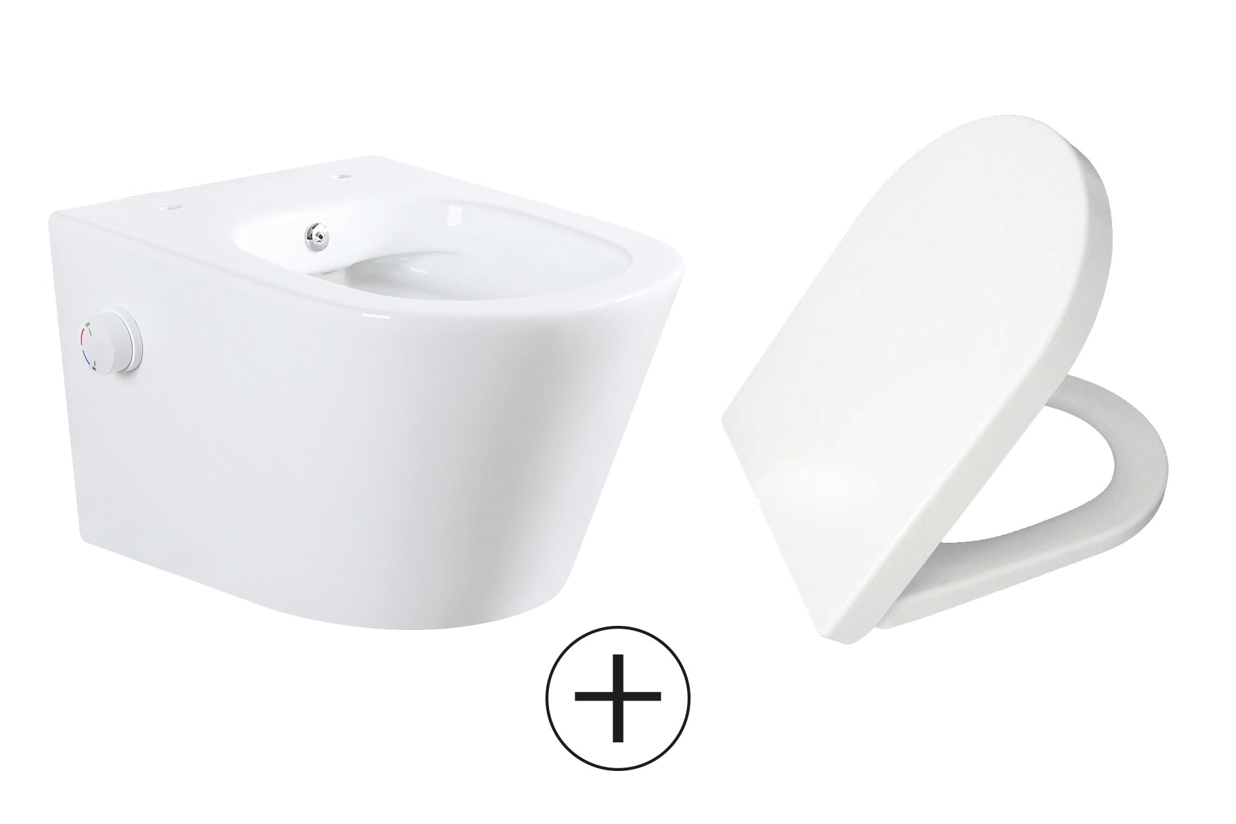 Vesta wandcloset rimless met bidetkraan warm koud water met Vesta toiletzitting glans wit - WDtegels