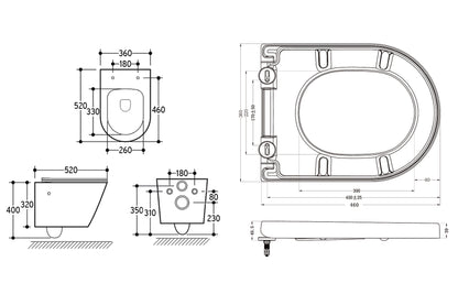 Maattekening Vesta wandcloset rimless met bidetkraan Vesta toiletzitting Warm en koud water Mat zwart