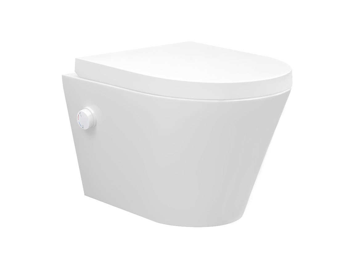 Vesta wandcloset rimless met bidetkraan warm koud water met Vesta toiletzitting mat wit - WDtegels