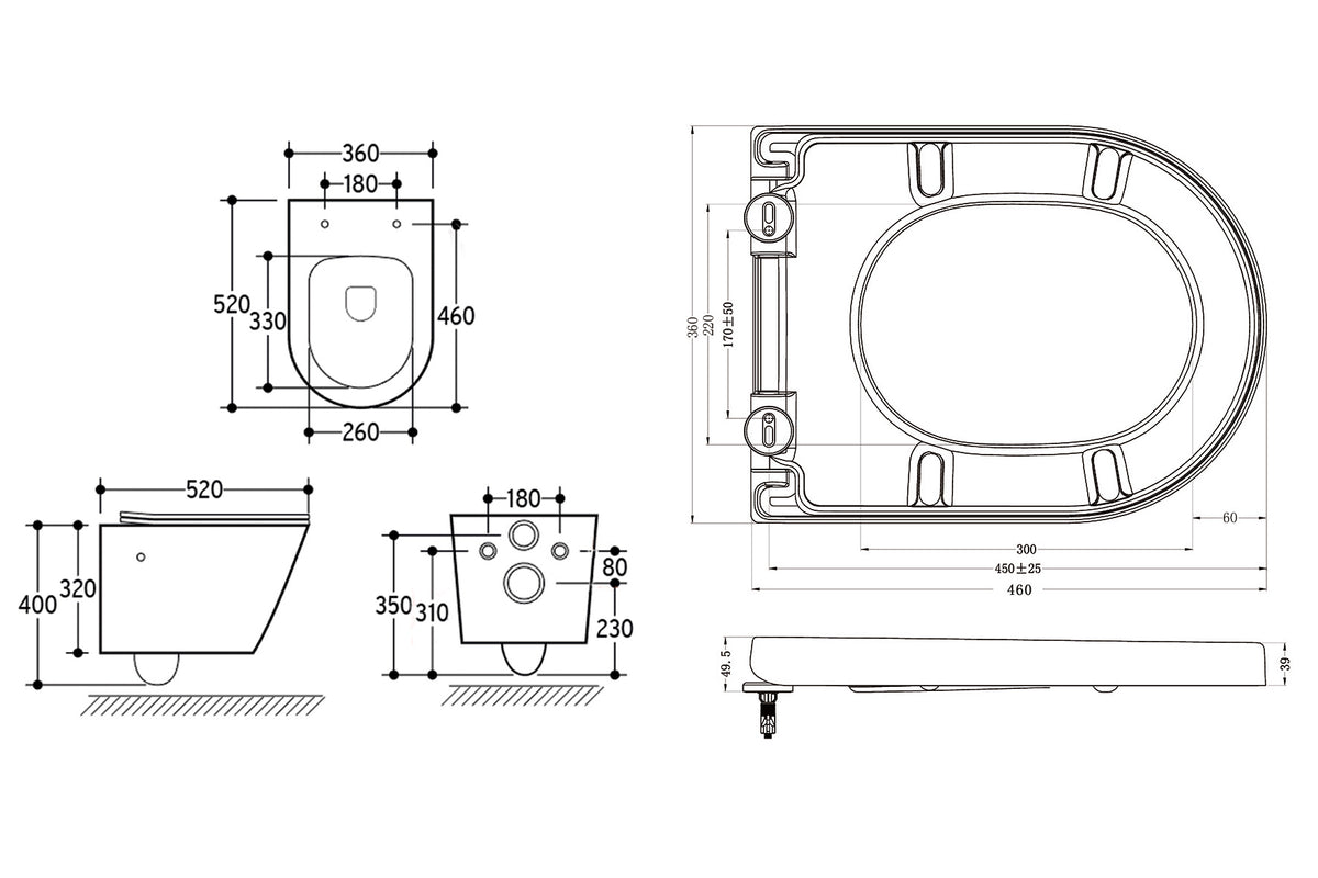 Maattekening Vesta wandcloset rimless met bidetkraan Vesta toiletzitting Warm en koud water Mat wit