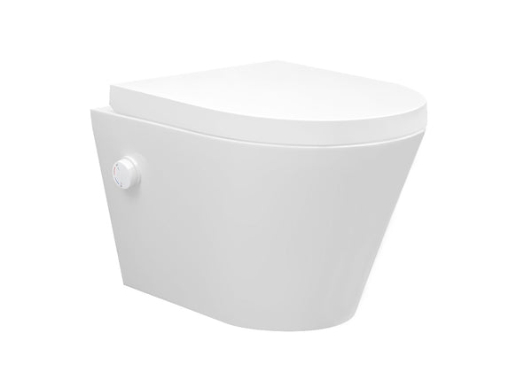 Vesta wall-mounted toilet rimless with bidet tap, hot and cold water, and a Vesta toilet seat in matt white