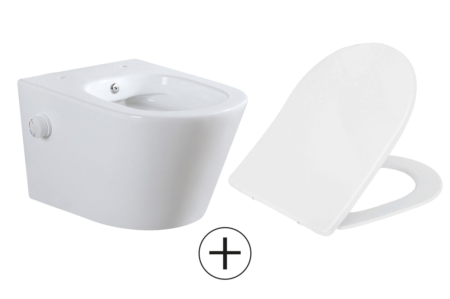 Vesta wandcloset rimless met bidetkraan warm koud water met Shade slim toiletzitting glans wit - WDtegels