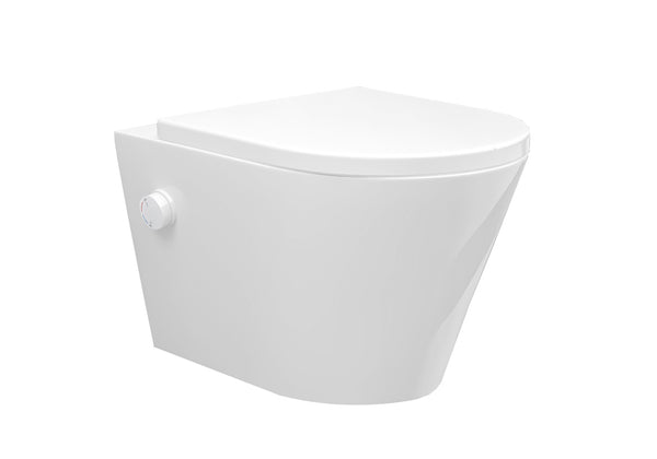 Vesta wall-mounted toilet rimless with bidet tap, hot and cold water, and Shade slim toilet seat, gloss white