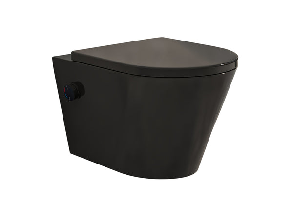 Vesta wall-mounted toilet rimless with bidet tap, hot and cold water, and Shade slim toilet seat in matt black 